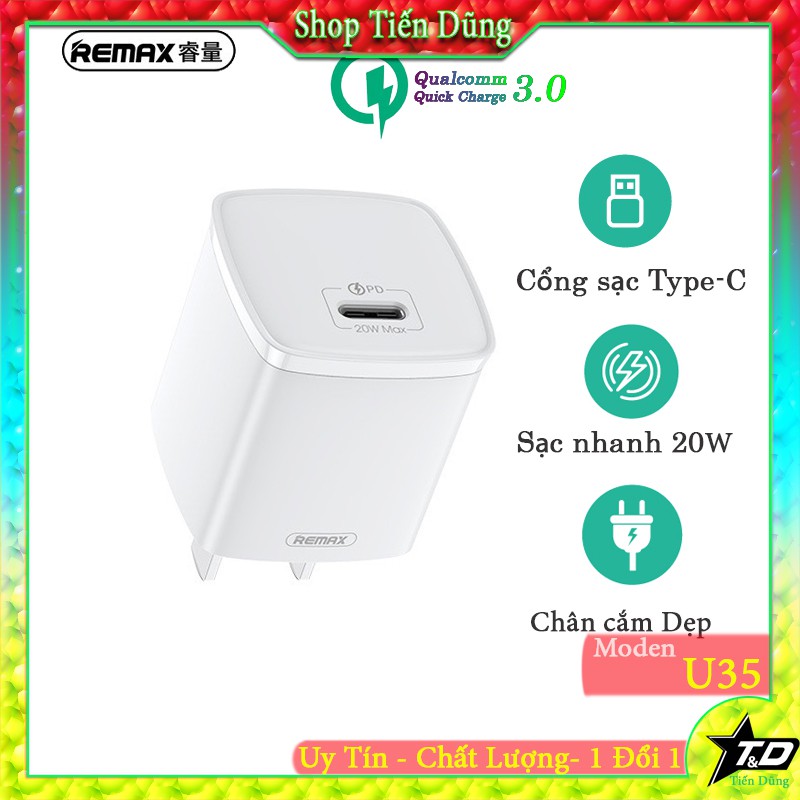 Củ sạc nhanh 20w Remax RP U75 cổng cắm type C chân dẹp nhỏ dọn chính hãng