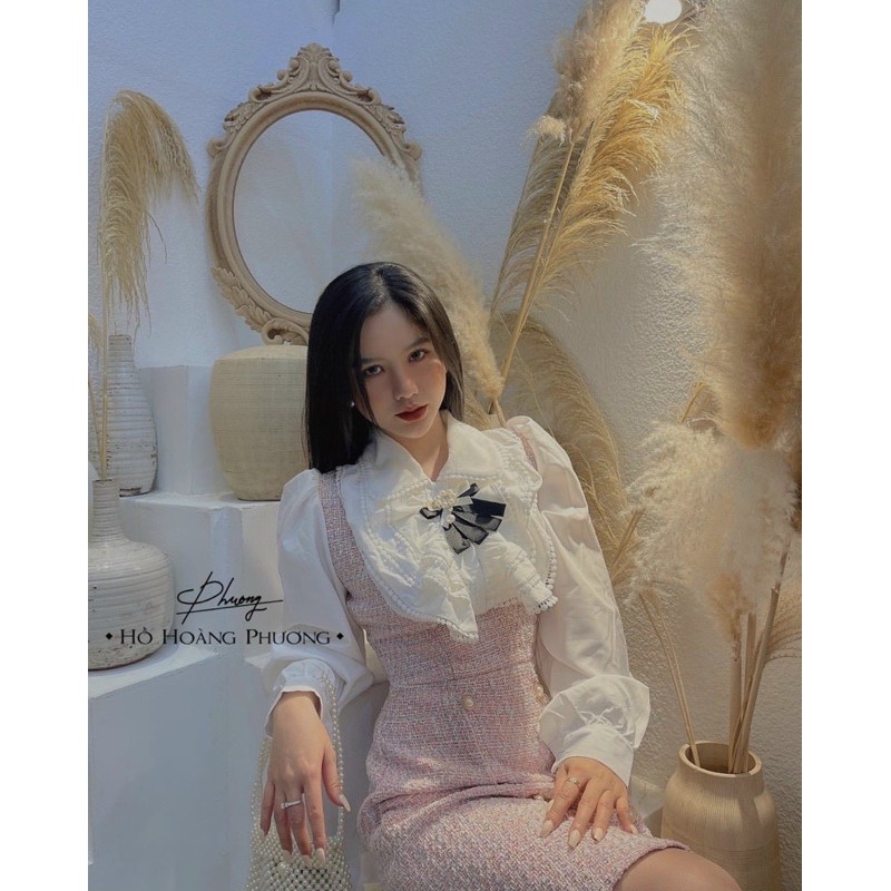 ĐẦM CARO NÚT NGỌC PHỐI CỔ BÈO REN TRẮNG (KÈM TAG HOA) | BigBuy360 - bigbuy360.vn