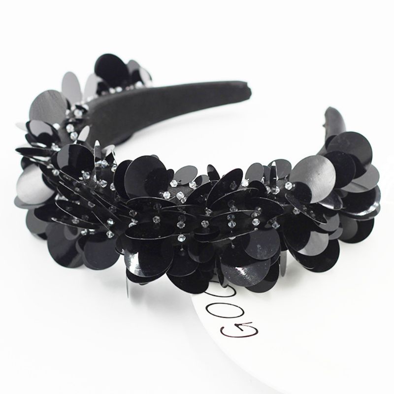 Flgo Băng Đô Có Đệm Xốp Tròn Màu Đen Đính Hạt Pha Lê Lấp Lánh Trang Sức Dự Tiệc Dành Cho Nữ