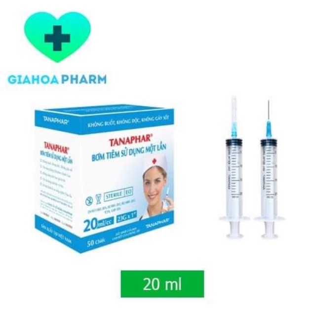 Bơm tiêm / Ống kim chích (Xy lanh) vô trùng Tanaphar 20ml / 20cc (bơm thuốc, sữa, thức ăn)