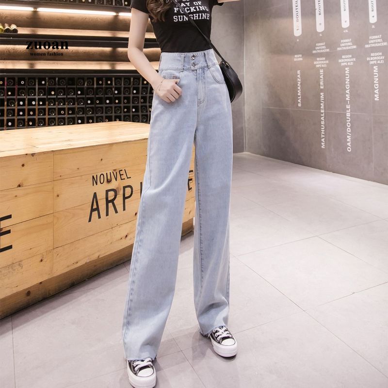 SUXI Quần jean eo cao ống rộng thời trang Hàn Quốc cá tính cho nữ
