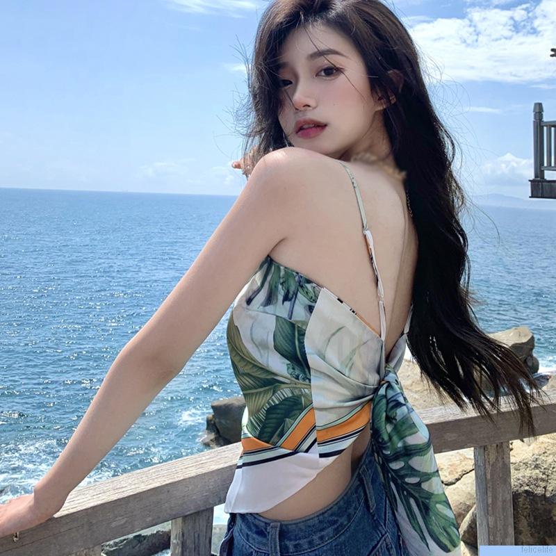 Áo Croptop Hai Dây Hở Lưng Thắt Nơ In Họa Tiết Thời Trang Quyến Rũ Cho Nữ