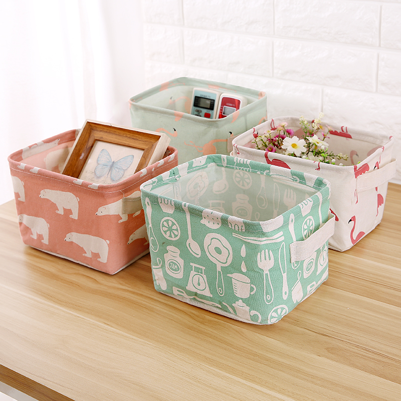 Giỏ đựng đồ để bàn bằng vải lanh kích thước 20*16cm in hình con vật dễ thương đa năng tiện dụng