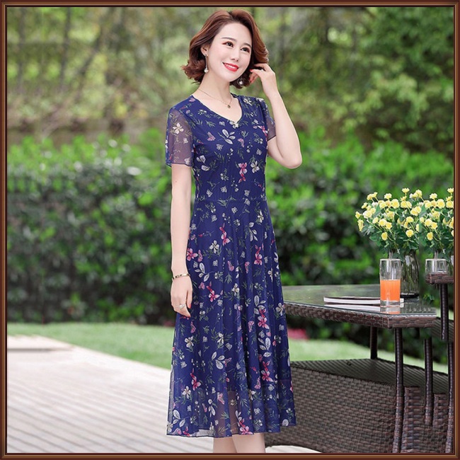 Đầm Tay Ngắn Cổ Chữ V In Họa Tiết Hoa Thời Trang Cho Nữ