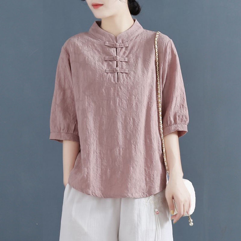 Áo Thun Cotton Trơn Dáng Suông Cổ Đứng Cài Nút Phong Cách Trung Hoa Cổ Điển Cho Nữ