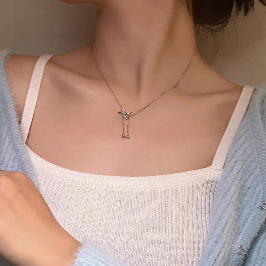 Dây chuyền bạc ý 925 nơ đính đá thời trang nữ vòng cổ