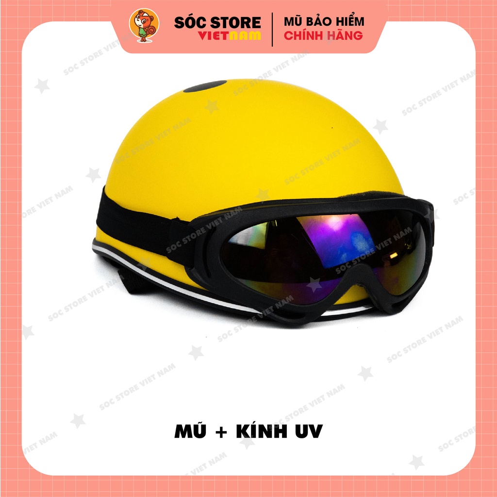 Mũ bảo hiểm nửa đầu chính hãng in hình Vịt vàng Sóc Store, nón bảo hiểm nam nữ 1 phần 2, kèm kính UV, kính phi công