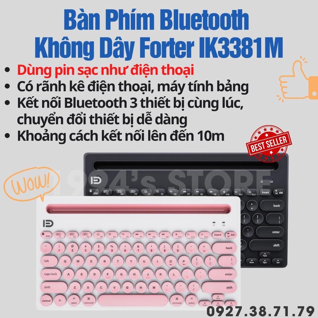 [Bản Mới - Pin Sạc] Bàn Phím Không Dây Bluetooth Forter IK3381 - IK3381M - Kết nối cùng lúc 3 thiết bị