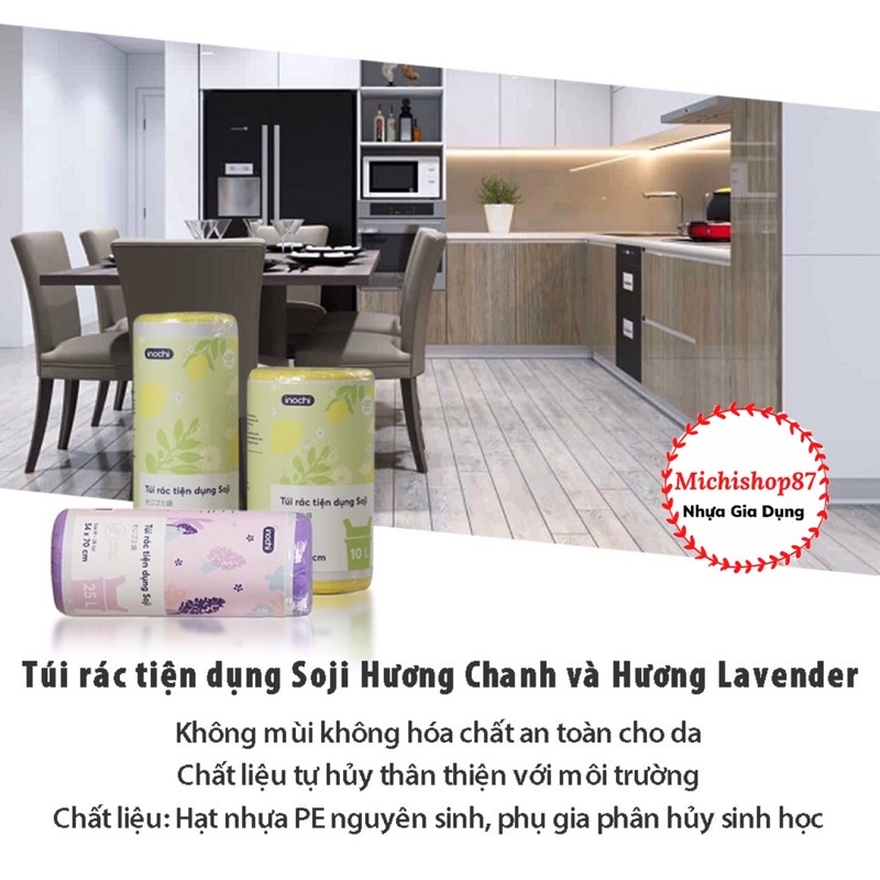 Túi Đựng Rác Sinh Học Tự Hủy Inochi, Túi Rác Hương Chanh, Hương Lavender Có Quai Tiện Dụng, Dạng Cuộn Loại 10L 25L 50L