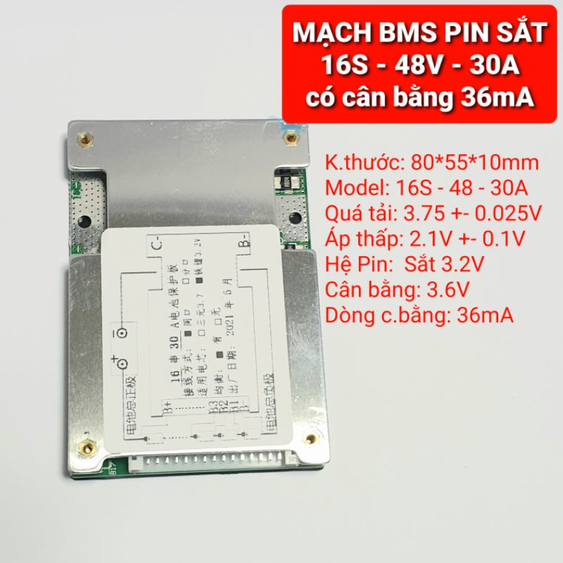 Achun.vn - MẠCH BẢO VỆ PIN SẮT 16S-48V- XẢ MAX 30A/50A - bảo vệ pin sắt 3.2V