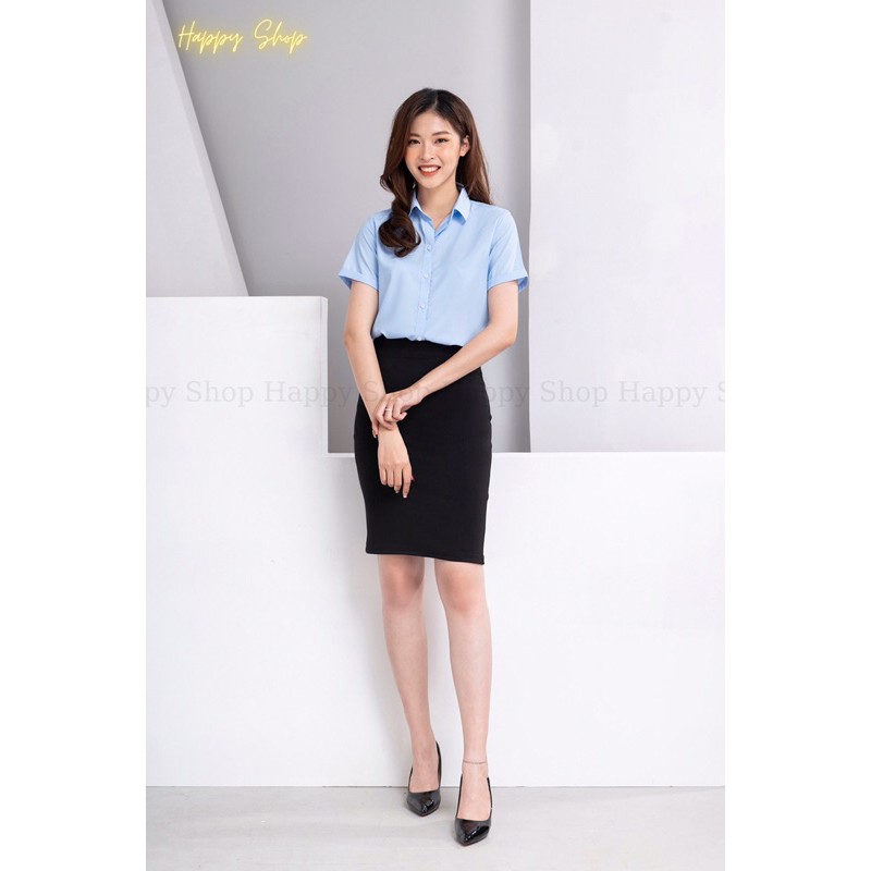 Sơmi cộc tay công sở áo nữ màu xanh nhạt đồng phục đi làm, đi học áo kiểu xinh - NUNGAN