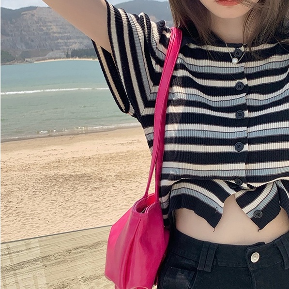 Áo cardigan ZHELIHANGFEI dệt kim ngắn tay cổ bẻ họa tiết kẻ sọc thời trang