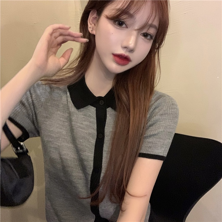 Cocory vn Thời Trang Áo Cardigan Dệt Kim Tay Ngắn Cổ Polo Thiết Kế Quyến Rũ Cho Phái Nữ