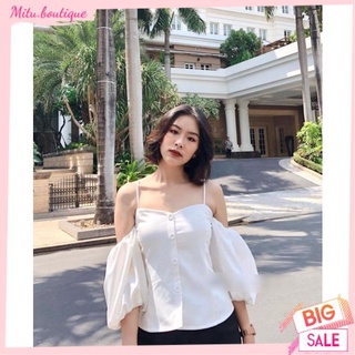 Áo Kiểu Nữ 2 Dây Trễ Vai Tay Bồng Phối Cúc Li Eo - Áo Sơ Mi Tiểu Thư Bánh Bèo