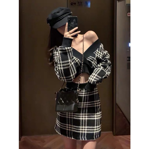 ( sẵn size S, XL ) Set len họa tiết cổ V + chân váy chữ A siêu sexy quyến rũ, hàng quảng châu cao cấp , Ergo clothes