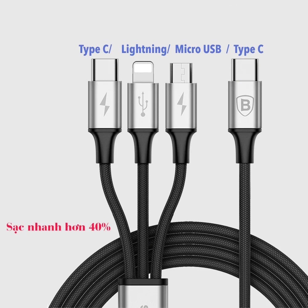 Cáp sạc Baseus USB Type-C 3-in-1 Cable, sạc chuẩn từ Type-C ra 3 đầu Lightning/Micro/Type-C, dài 120cm, sạc nhanh 3A