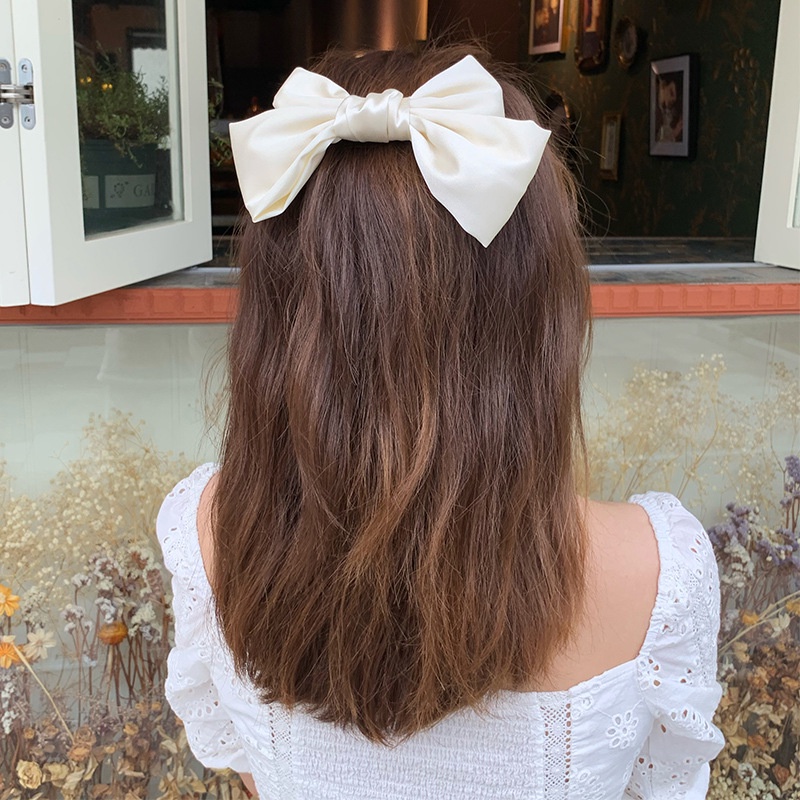 Kẹp Tóc Nơ Vải Satin Màu Trắng Sữa Thời Trang Hàn Quốc Dành Cho Nữ