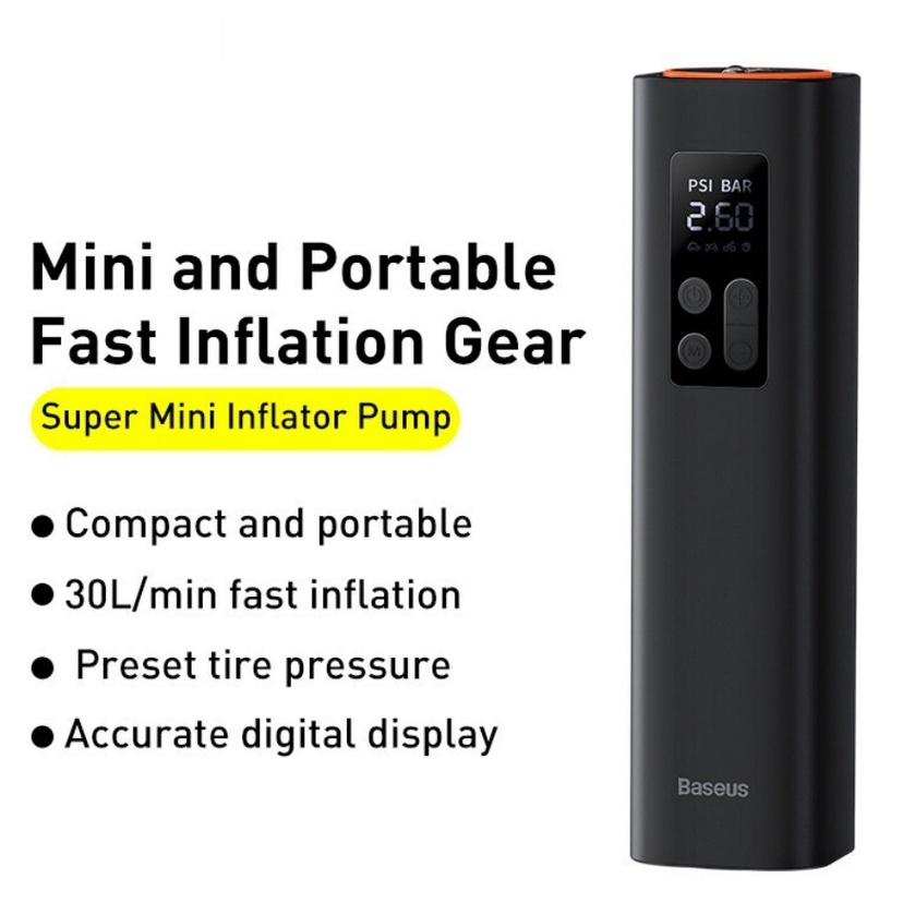 Bơm vỏ xe cầm tay Baseus dung cho xe máy xe hơi xe đạp điện tử tích điện mini