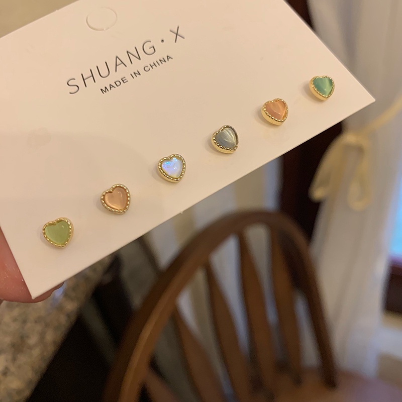 Khuyên Tai Hình Trái Tim Đính Đá Opal Nhiều Màu Phong Cách Hàn Quốc Cho Nữ