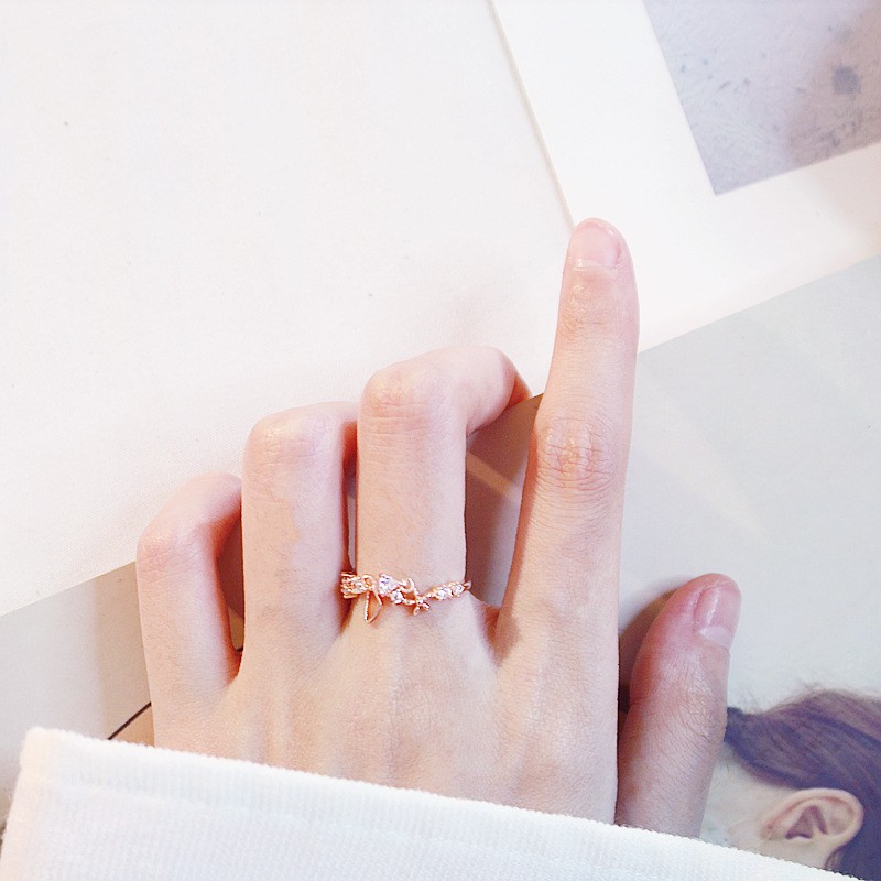 Nhẫn Mạ Vàng Hồng Khắc Hình Hoa Và Bướm Phong Cách Hàn Quốc