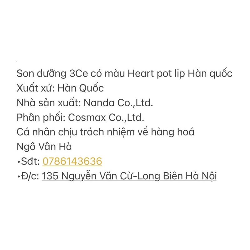 Son dưỡng 3Ce có màu Heart pot lip Hàn quốc