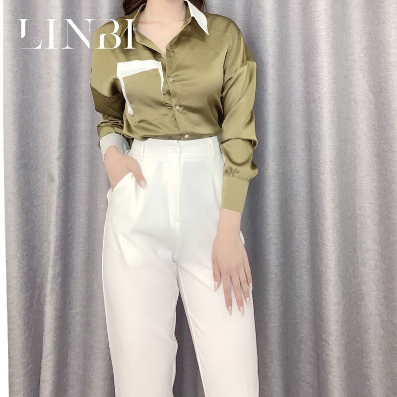 Áo sơ mi nữ dài tay Liin clothing đủ size, màu rêu phối cổ trắng sữa thanh lịch Liin clothing SM2808