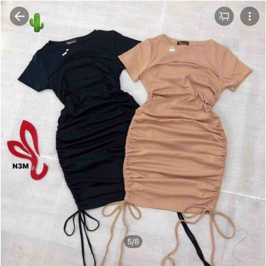 đầm ôm borip rút dây khoét ngực cổ tròn ngắn tay