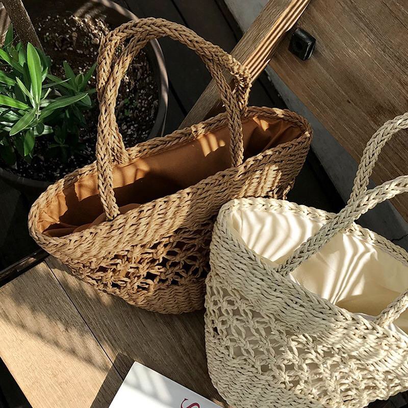 Túi cói cầm tay đan thưa - hoa văn đồng tiền - phong cách Vintage