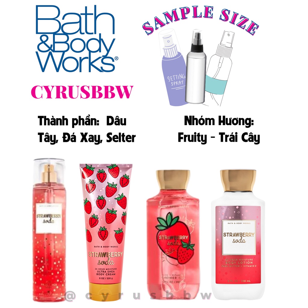 Bộ Sản Phẩm Mist Xịt Toàn Thân, Gel Tắm, Lotion Strawberry Soda Bath &amp; Body Works từ Mỹ