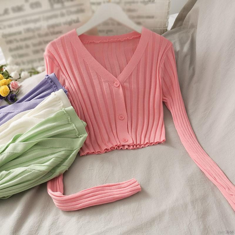 Áo Khoác Cardigan Áo Croptop Dệt Kim Tay Dài Cổ Chữ V Phối Nút Cho Phái Nữ Áo Nữ