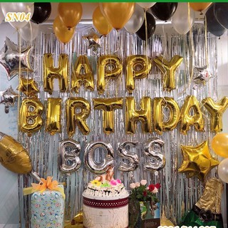 Set trang trí sinh nhật 2 rèm kim tuyến, bộ bóng chữ happy birthday, 50 bóng nhũ