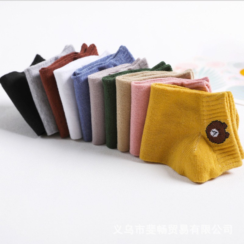 Tất cotton AOWEINISI cổ cao thoáng khí in hình gấu hoạt hình 10 màu