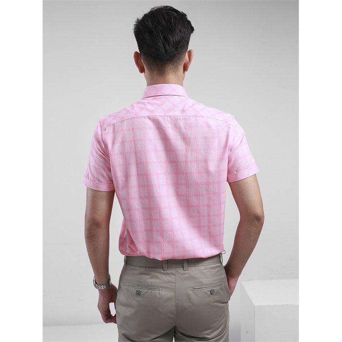 Áo sơ mi ARISTINO ngắn tay sợi tre  mềm mát ,kẻ hồng nổi bật-slim-tà lượn ASS061S8