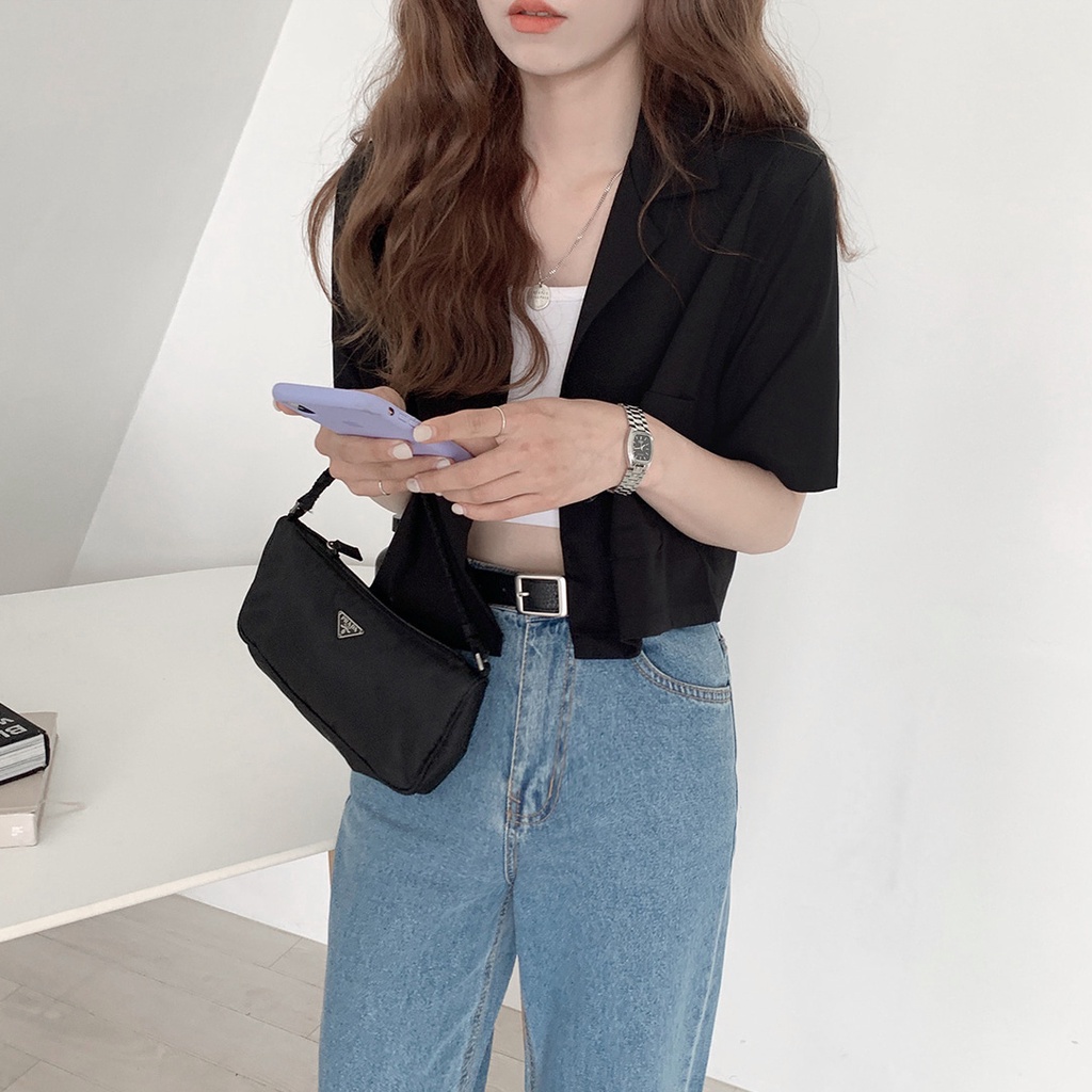 Áo khoác blazer SUXI tay ngắn màu trơn phong cách vintage Hàn Quốc
