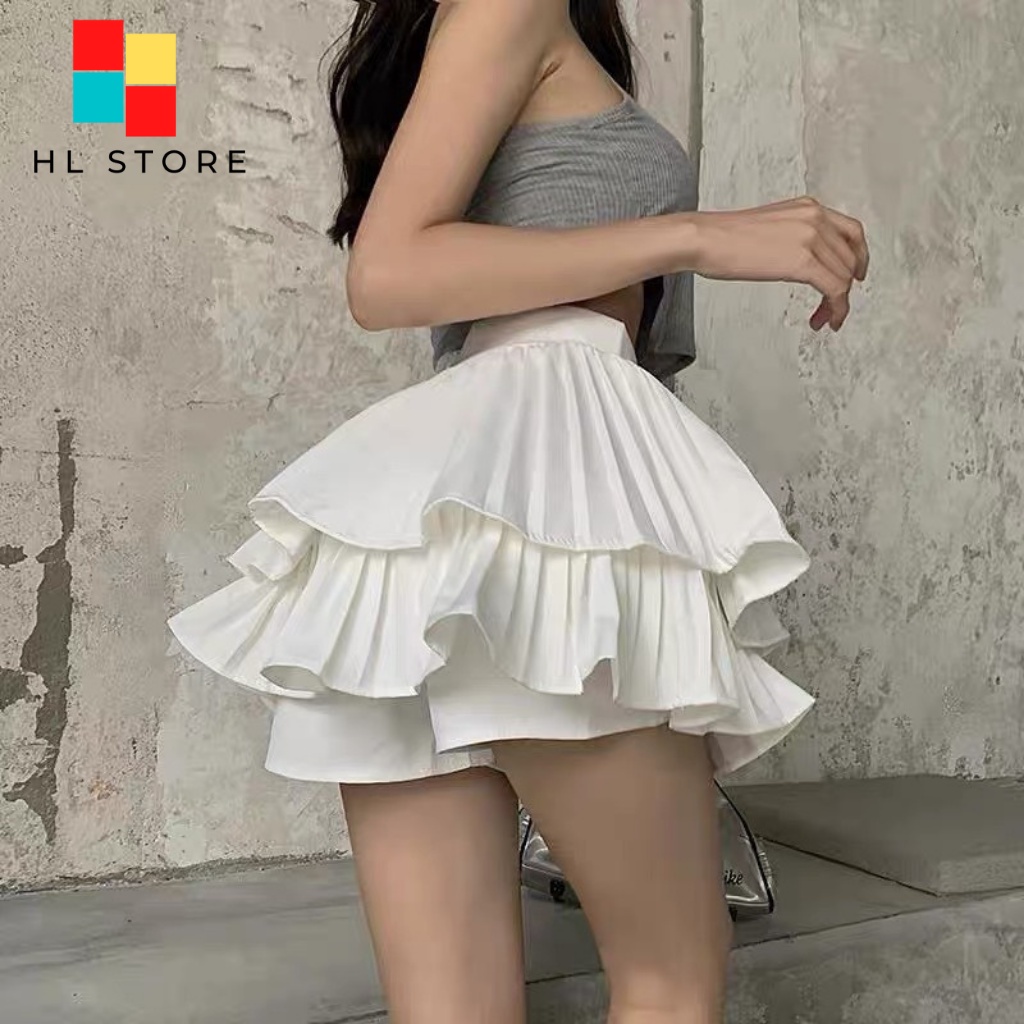 Chân Váy 2 Tầng Xếp Ly Xòe Dáng Ngắn Lưng Cạp Cao  phong cách Ulzzang Hải Lan Store