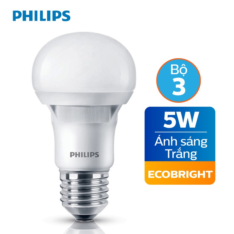 Bộ 3 Bóng đèn Philips LED Ecobright 5W 6500K E27 A60 - Ánh sáng trắng