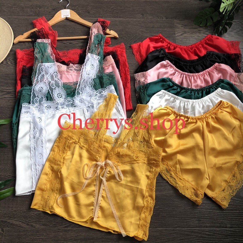 set đồ bộ ngủ lụa satin đùi sexy hai dây phối gen cùng màu siêu hot