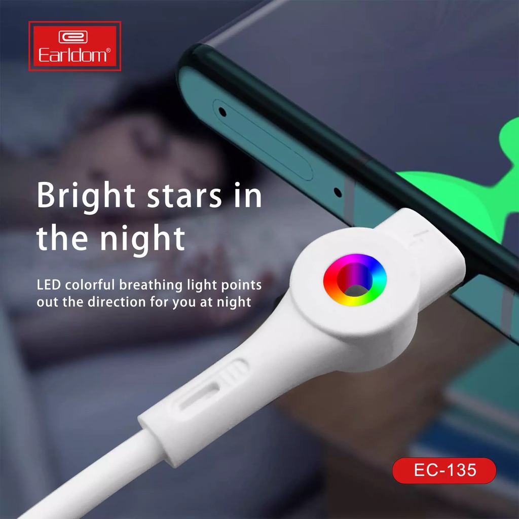 Cáp sạc nhanh 3A có đèn led chính hãng Earldom EC135 dây bọc nhựa TPF cao cấp chống rối và chống đứt cực tốt