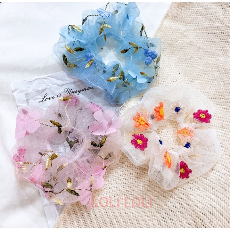 Scrunchies cột tóc hoa thêu nổi phong cách Hàn quốc. cột tóc dây hoa tiểu thư dễ thương LOLI