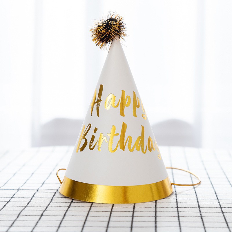 10 mũ sinh nhật gắn quả bông ép kim-11x17cm