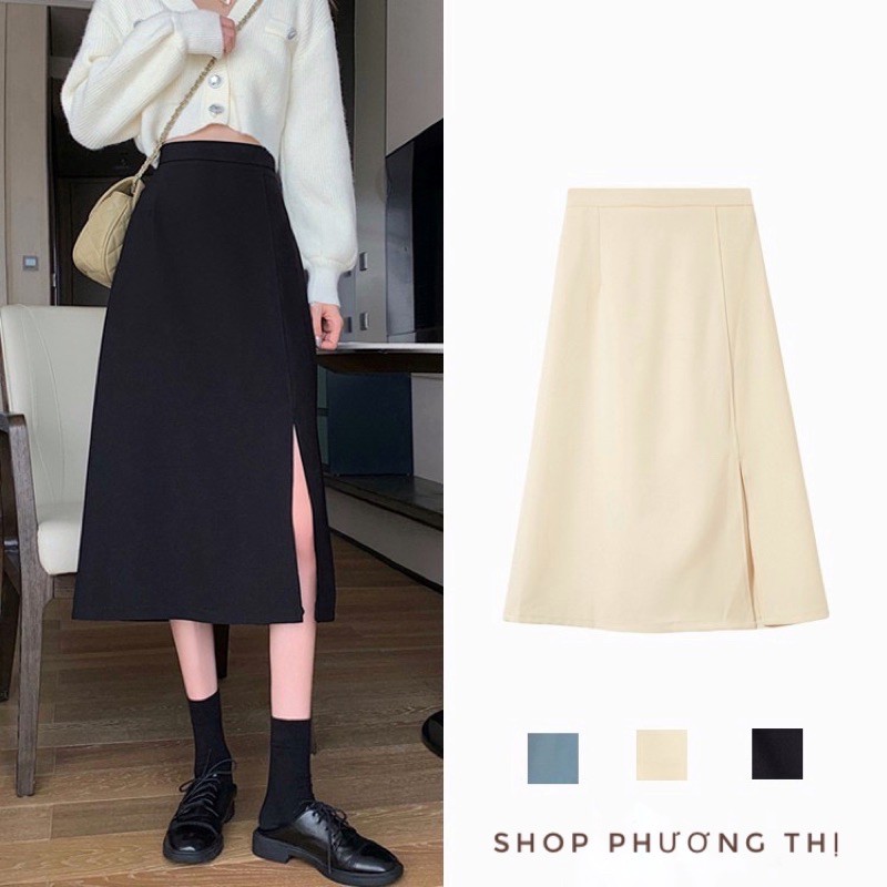 Chân váy midi chữ A dáng xẻ tà cạp cao hàng Quảng Châu (hàng sẵn)