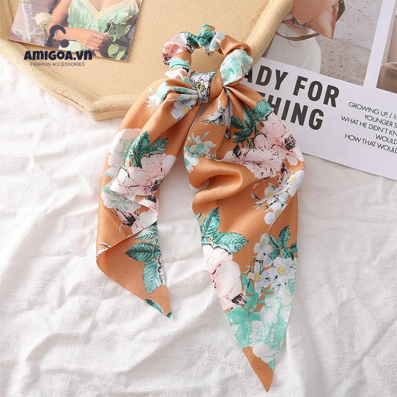 Dây Cột Tóc Cao Su Bản Lớn Thắt Nơ Tam Giác Thắt Dây In Họa Tiết Hoa Cổ Điển