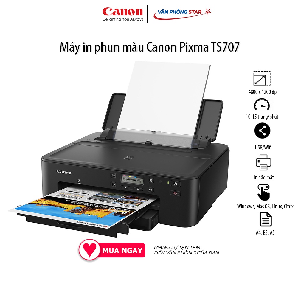 Máy in phun màu Canon Wifi Pixma TS707 đảo mặt tốc độ In đen trắng: 15 ppm in màu: 10ppm chính hãng tại Vanphongstar