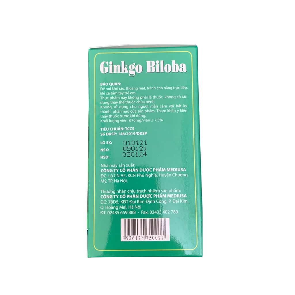 Viên uống Ginkgo Biloba tăng cường tuần hoàn mãu não, lưu thông khí huyết - Hộp 100 viên