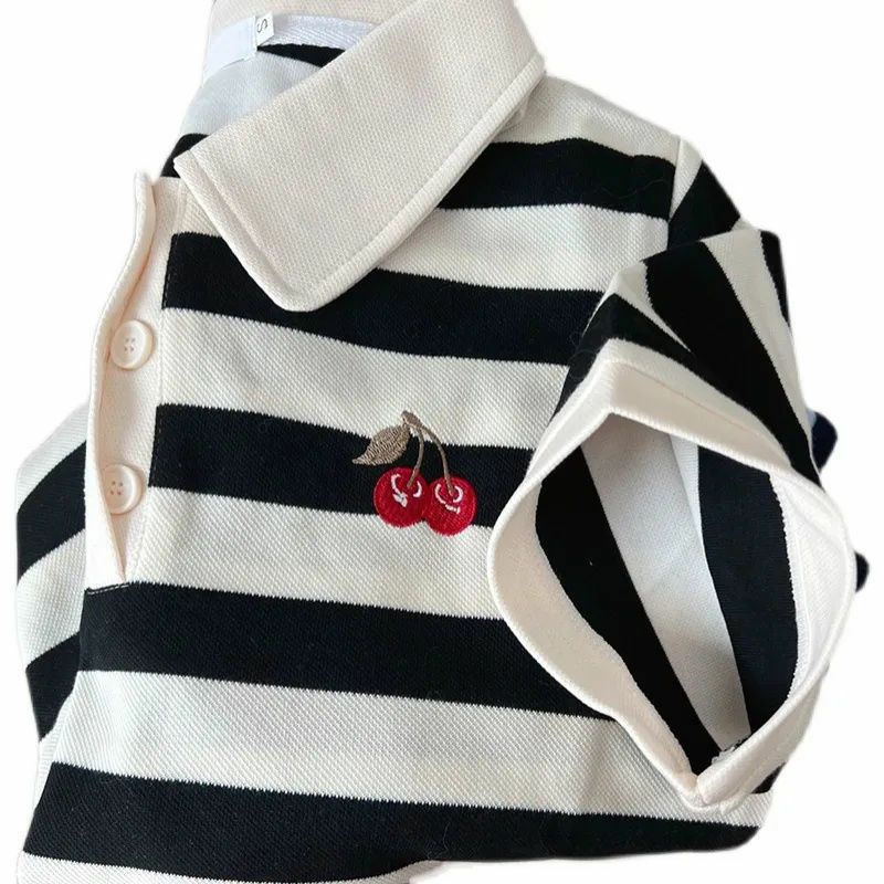 Áo Polo Nữ Ngắn Tay Kẻ Ngang Thêu Hình Quả 🍒  ❤️