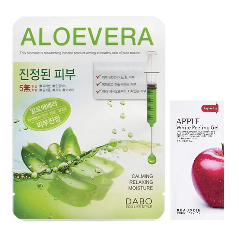 Combo 1 đắp mặt nạ trắng da lô hội DABO Hàn quốc 23ml/gói Và 1 gói tẩy da chết táo Apple Beauskin 3ml/gói