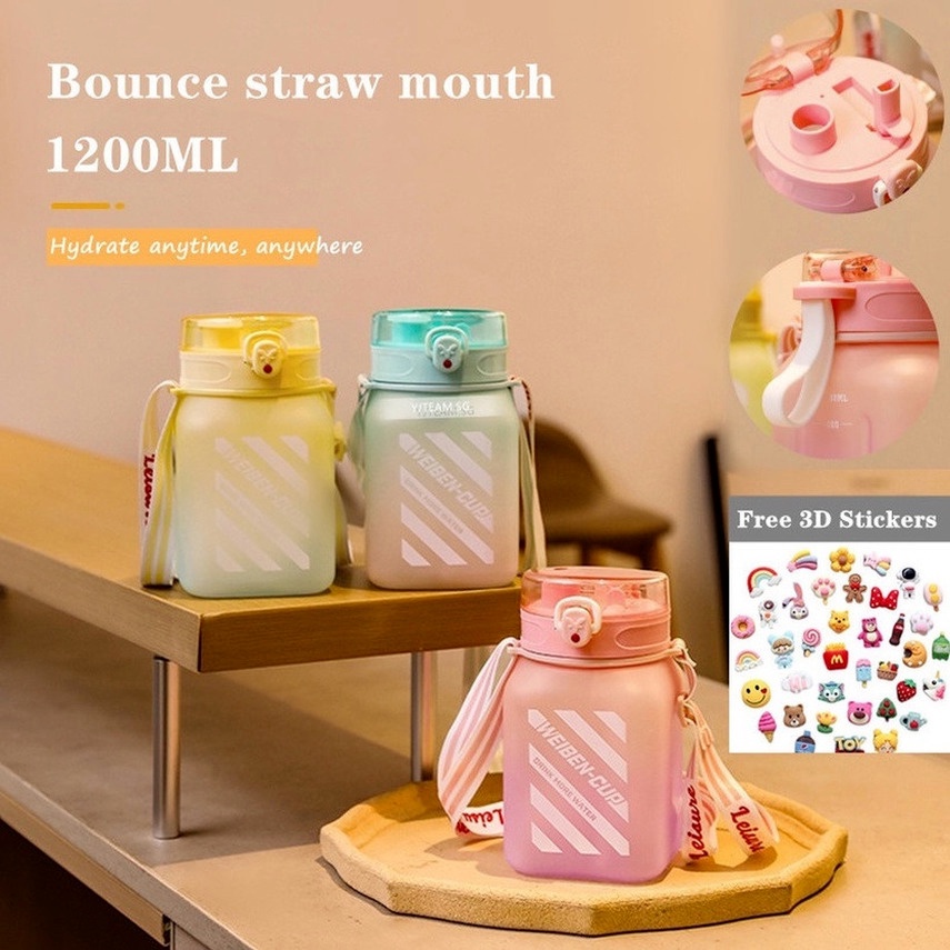 Bình Nước 1200Ml Hình Vuông Màu Gradient Kèm Ống Hút Và Dây Đeo Cho Thể Thao Ngoài Trời