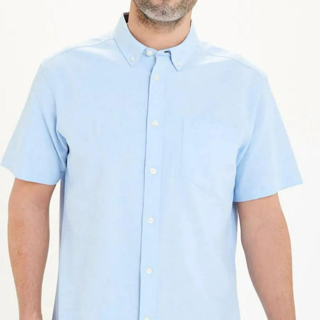 Áo Sơ Mi Nam Ngắn Tay Công Sở, Chất Vải Lanh Thoáng Mát Trơn Màu Xanh Da Trời