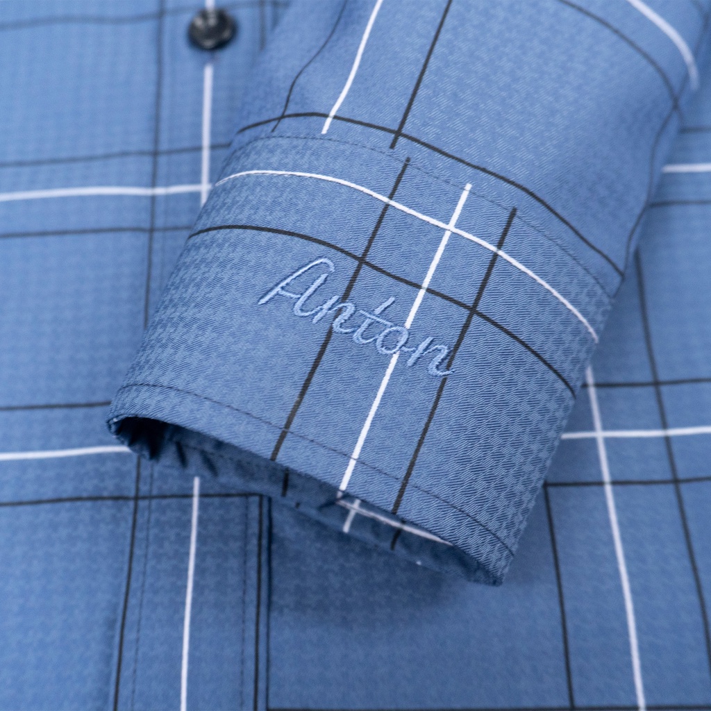 Áo Sơ Mi Nam Công Sở Trung Niên Anton Somianton Màu Xanh Kẻ Sọc Đen Trắng Dài Tay Bamboo Chun - XAC149