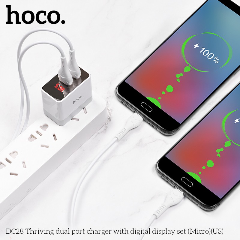 Bộ sạc nhanh Hoco DC28 màn hình led 2 cổng USB cáp Micro Usb 1m -Dành cho thiết bị Android